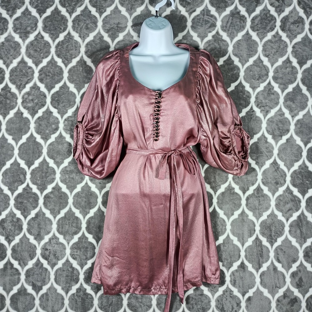 Dawn Sunflower Mini Dress Size Medium Pink Mauve Puff Sleeve Satin